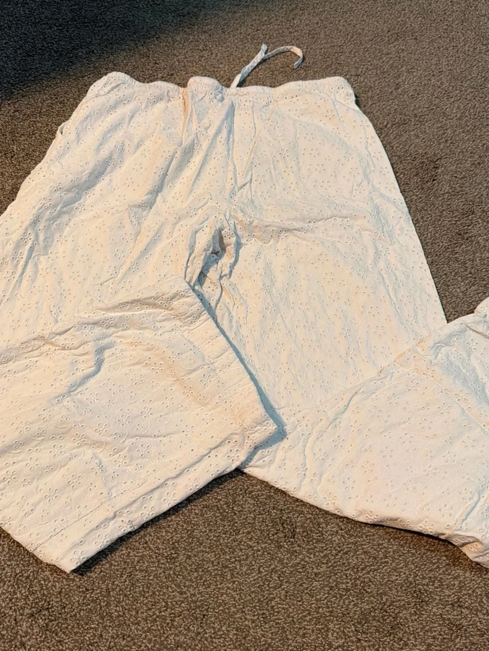 White Eyelet Drawstring Low Rise Linen Pants